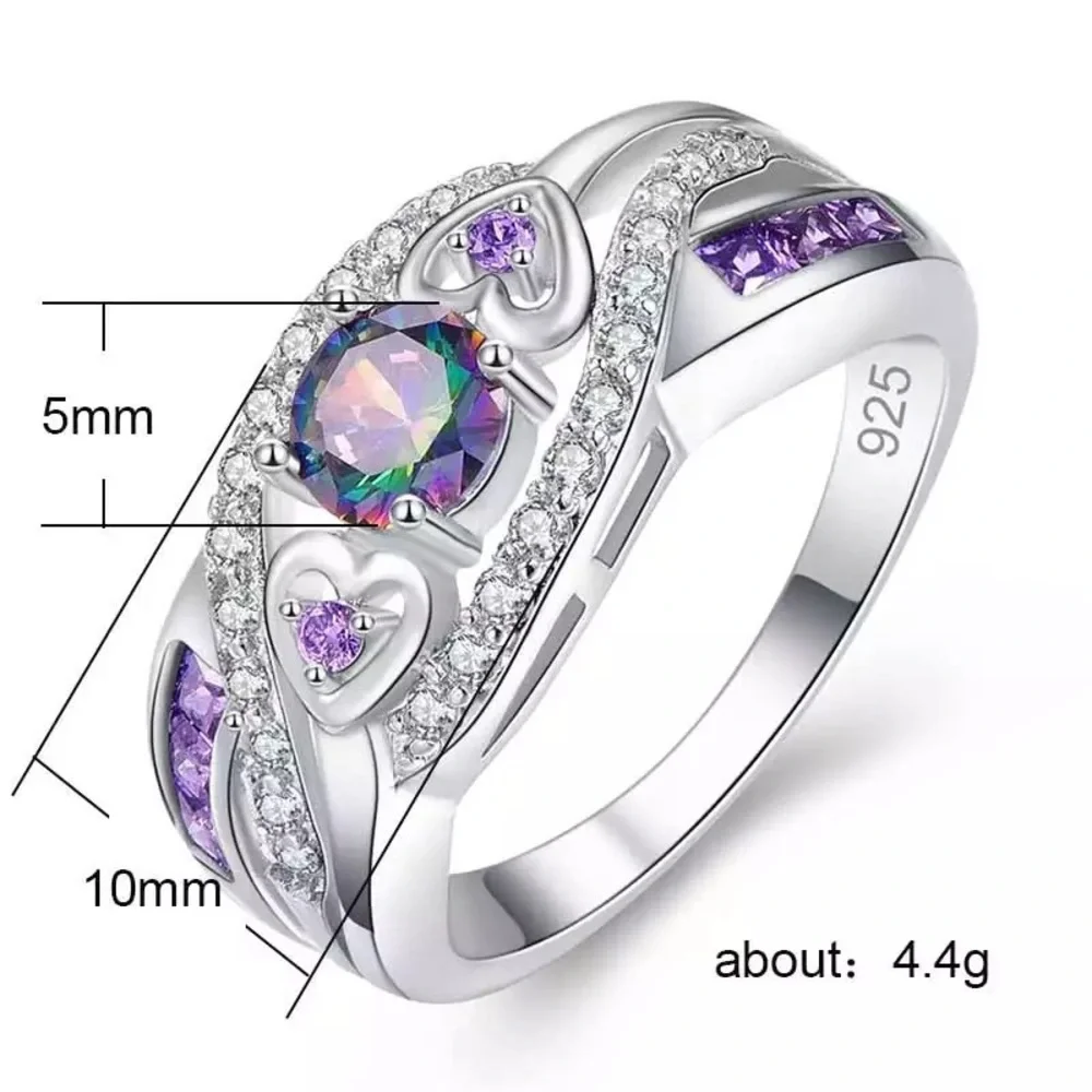 New 925 Silver Romantic Hearts Amethyst Ring